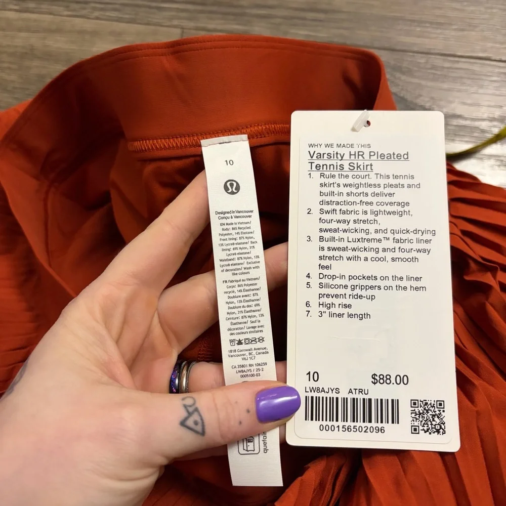 NWT Lululemon Varsity High-Rise Pleated Tennis Skirt *14” (Autumn Rust) Size 10_3
